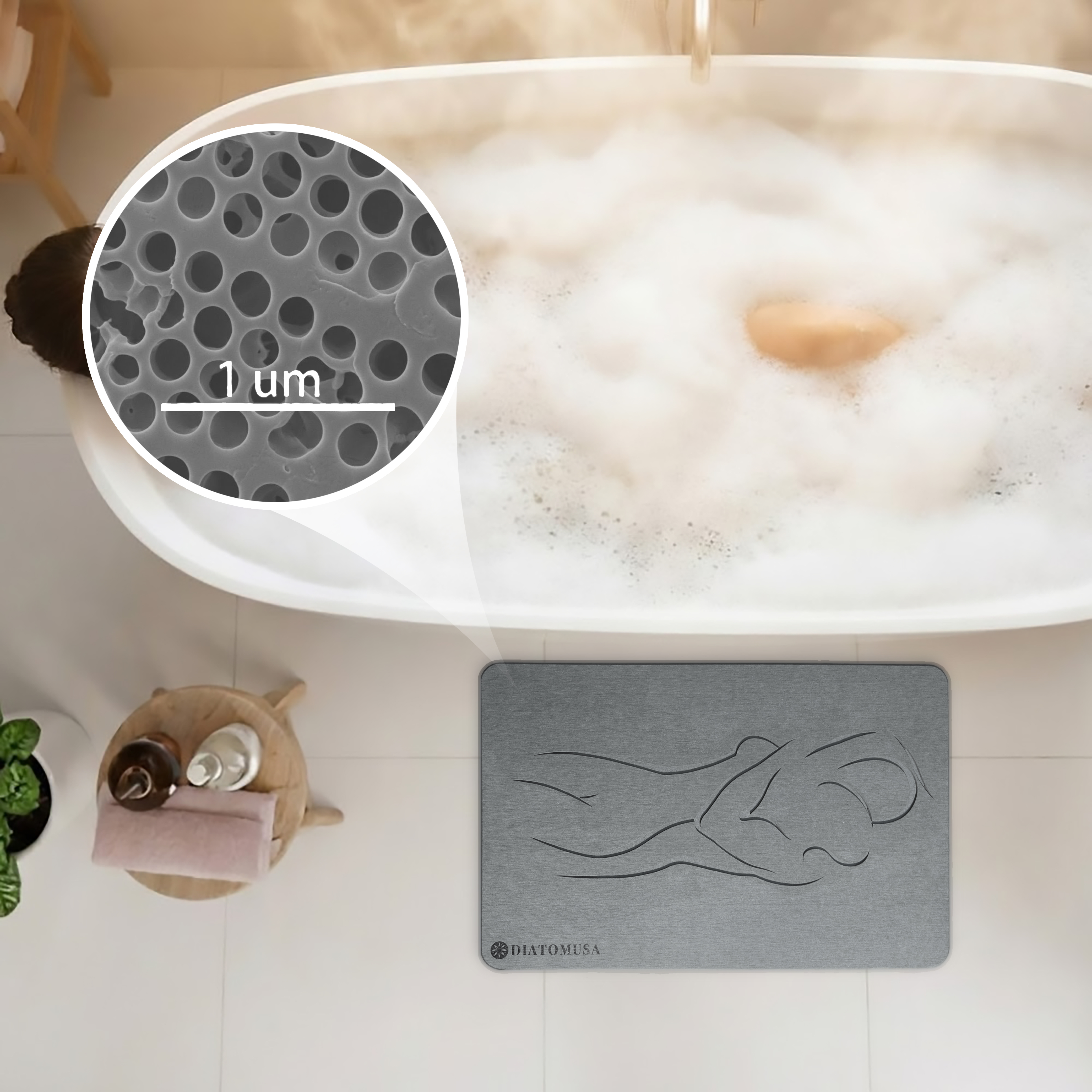 Detalle de microcapilaridad con alfombrilla DIATOMUSA en baño